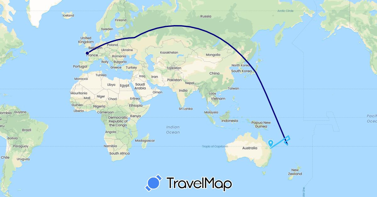 TravelMap itinerary: driving, boat in Australia, France, Japan, Russia, Vanuatu (Asia, Europe, Oceania)